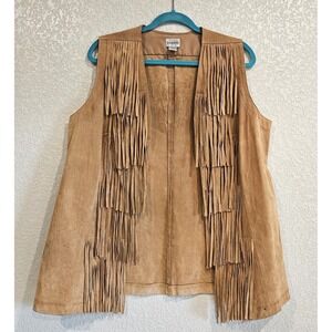 Chico's Tan Genuine Leather Fringe Vest Sz 2 Large Western Boho